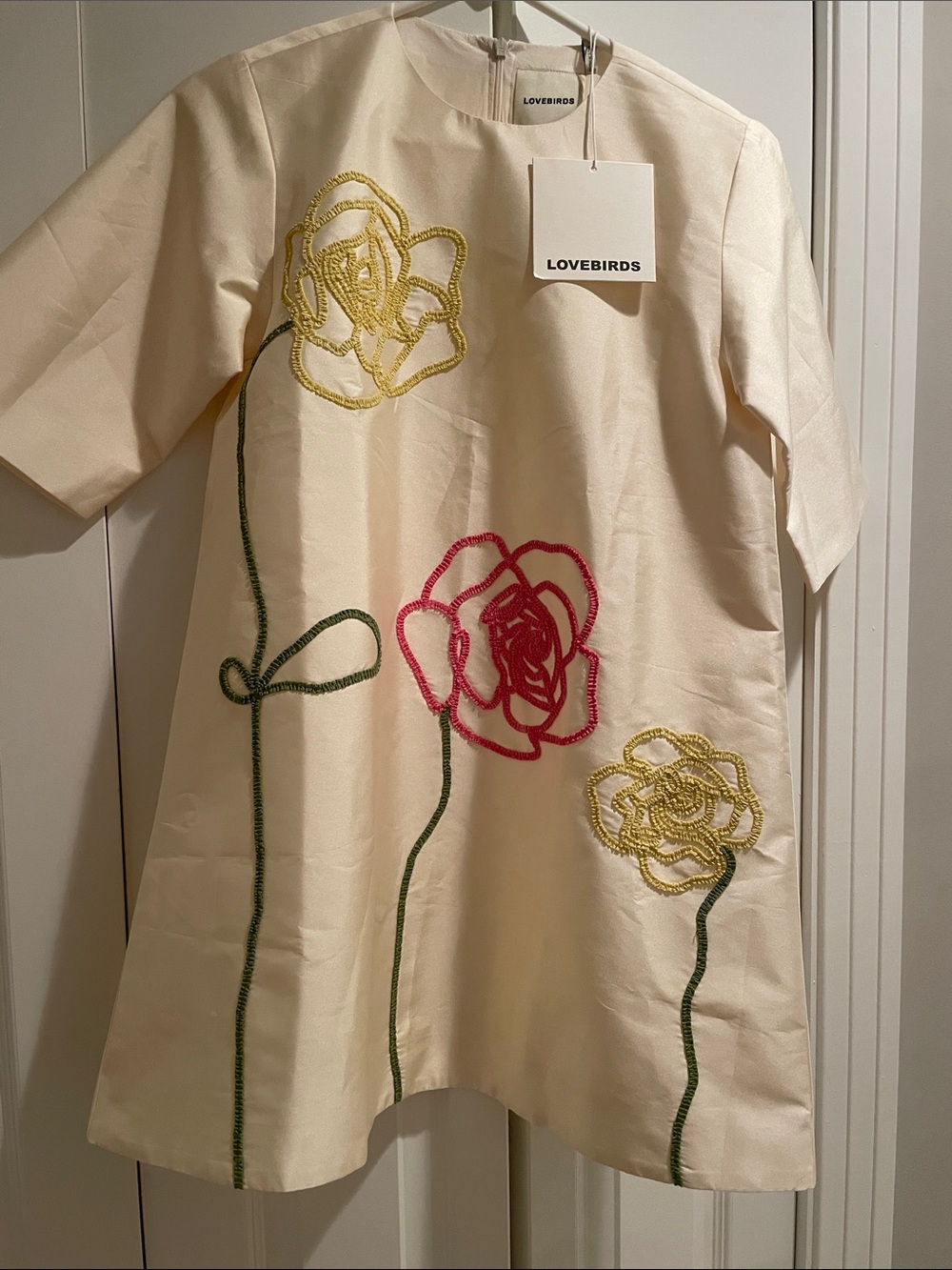 Lovebirds Cream Dress with Embroidered Flowers, Size XS